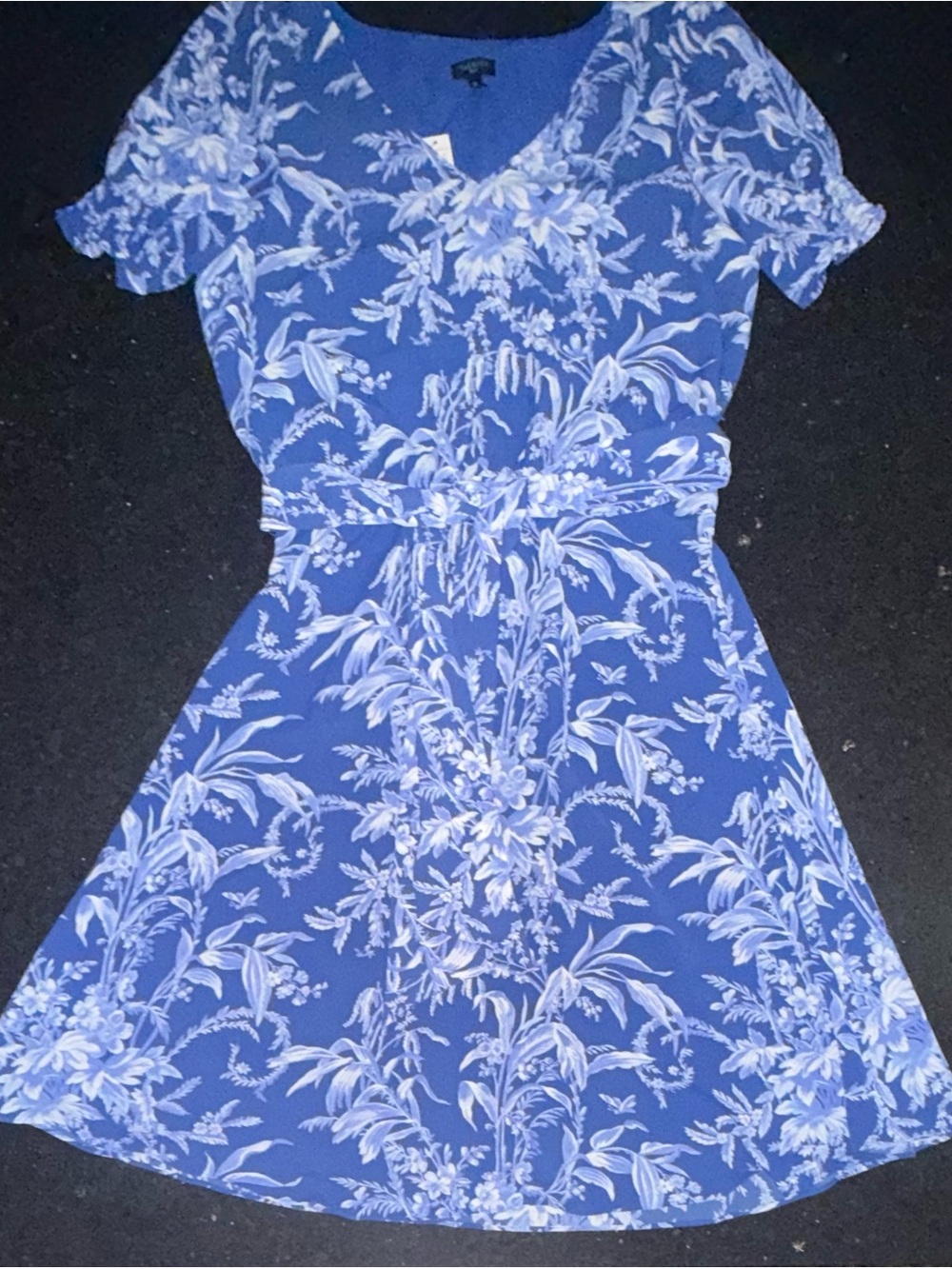 NEW TALBOTS BELTED FIT & FLARE BLUE FLORAL SHORT SLEEVE V NECK MIDI DRESS SZ 12P - Picture 8 of 14